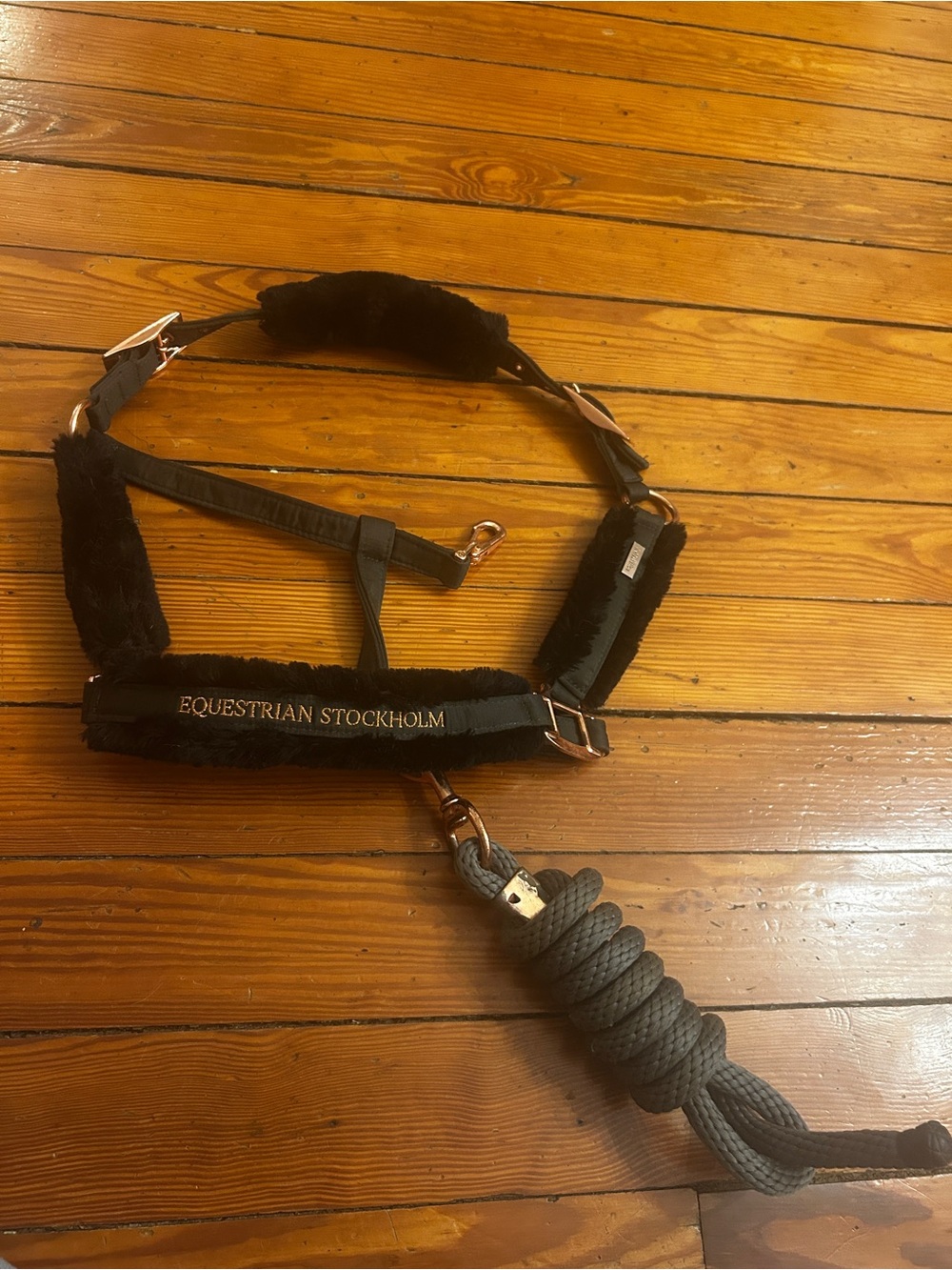 equestrian stockholm rose gold and black with gray lead rope halter